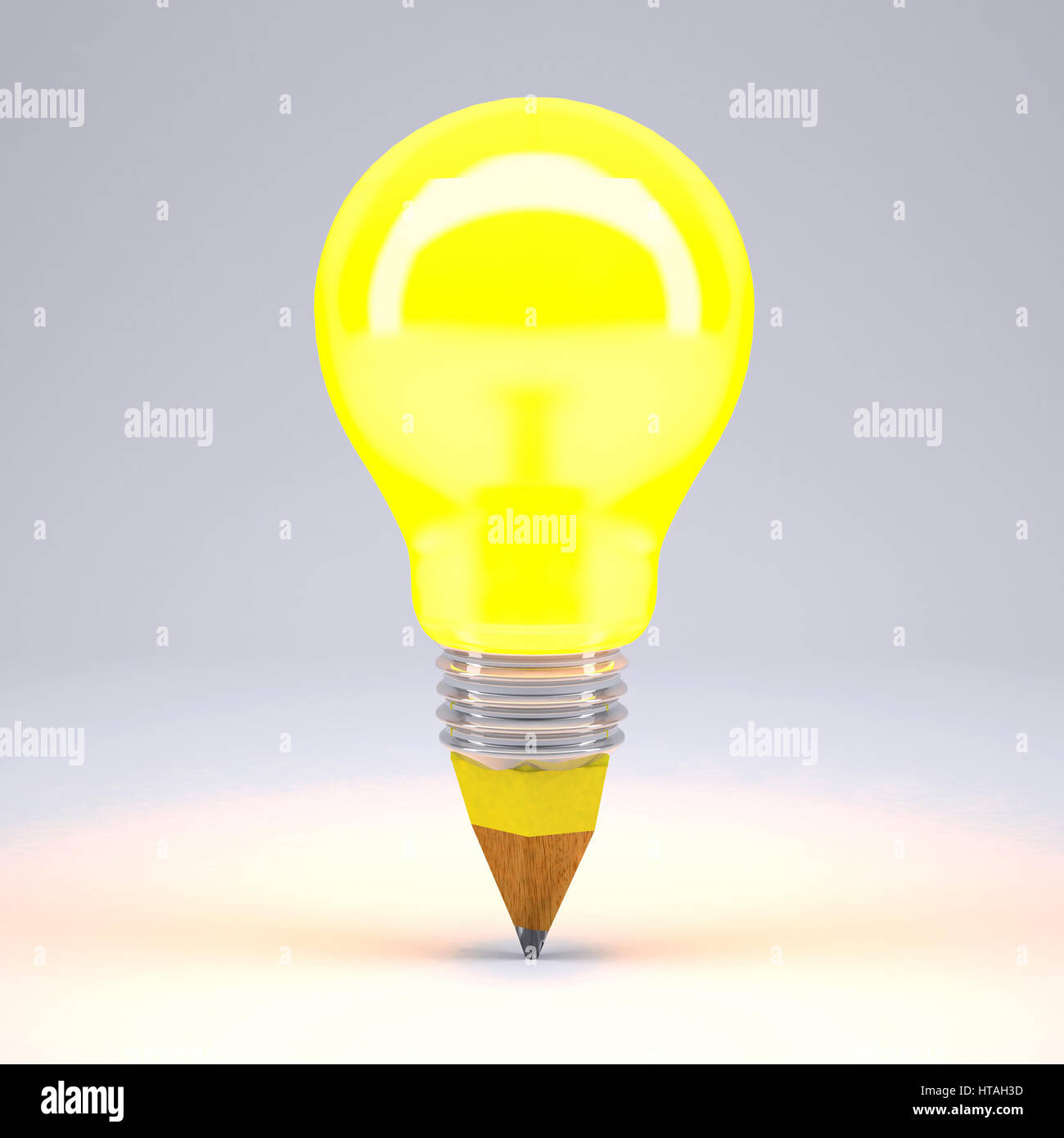 Bleistift gelbe Glühbirne auf grauem Hintergrund, 3d illustration Stockfoto
