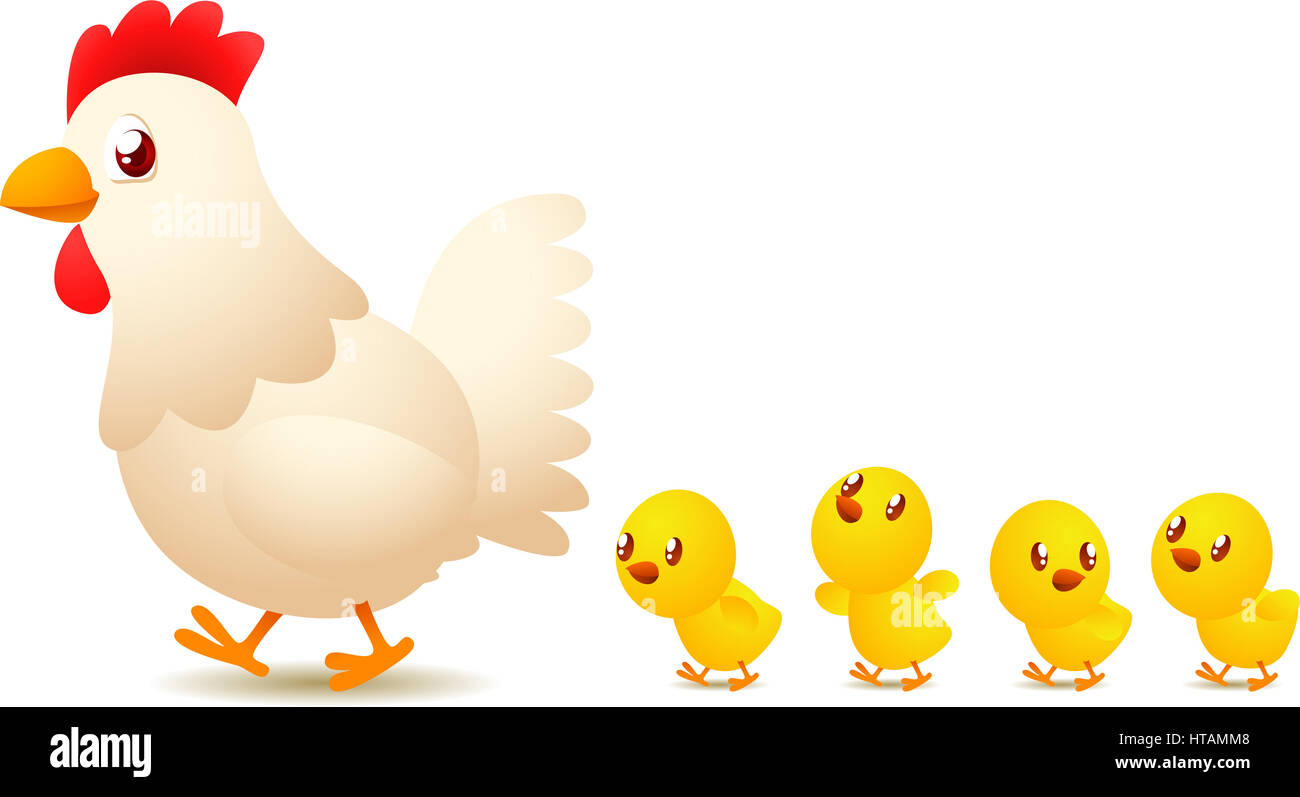 Huhn-Familie mit Mutter führt ihre vier gelbe Huhn-Babys-Vektor-Illustration. Stockfoto