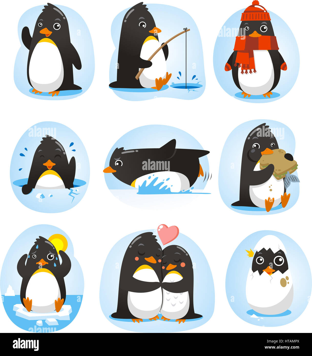 Pinguin set Vektor-Illustration mit den Pinguinen in verschiedenen Situationen wie tanzen, Angeln, Winter, Schwimmen, Essen, in Love Kollektion. Stockfoto