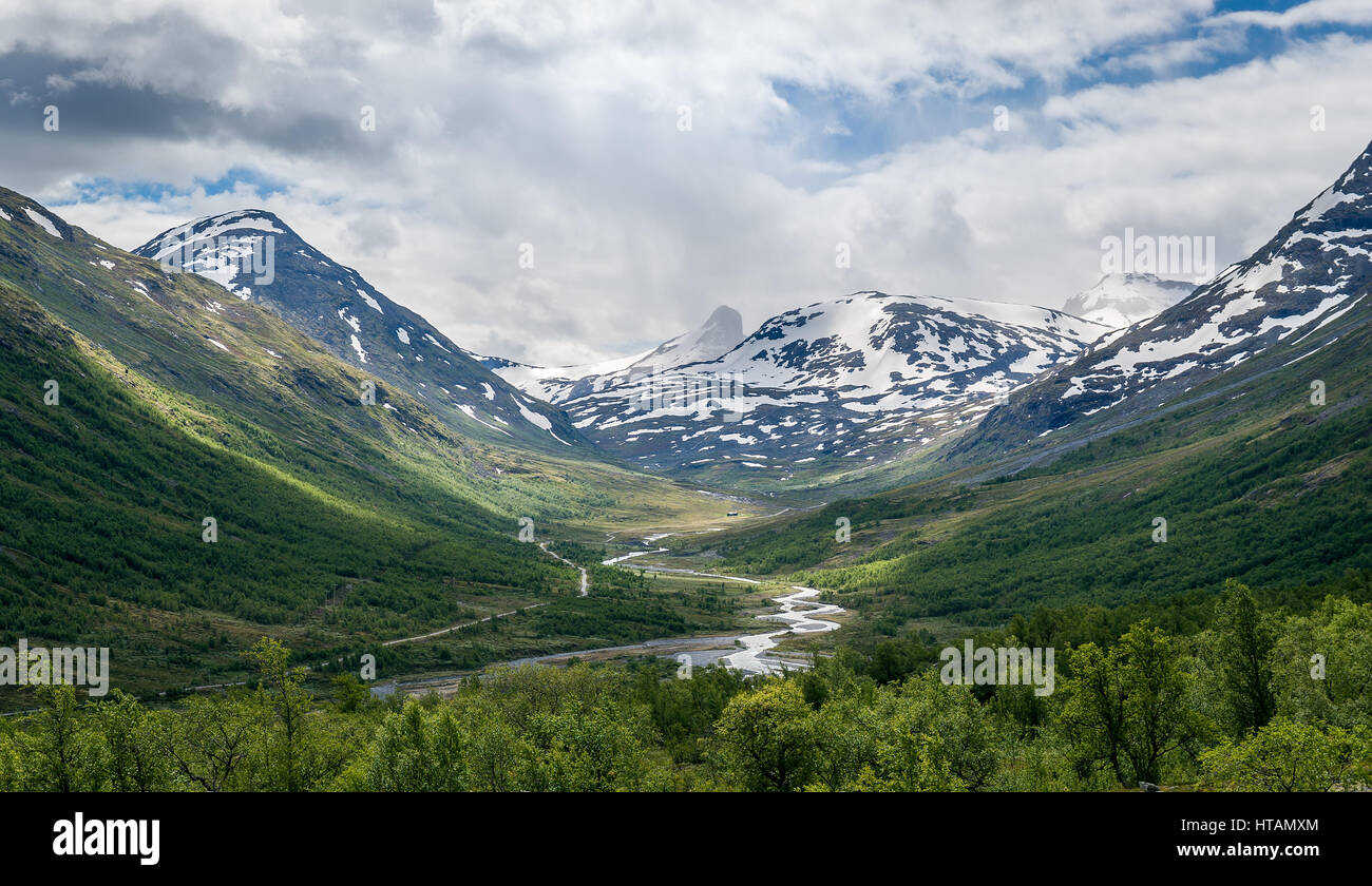Sommerlandschaft des norwegischen Berge mit Schnee auf den Gipfeln und grünen Wald unten. Fluss von Schmelzwasser läuft zwischen den Berghängen. Stockfoto