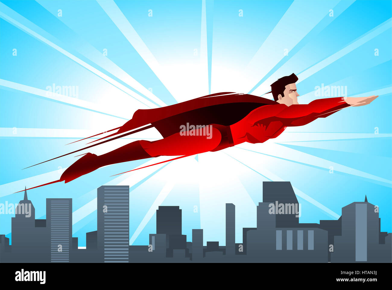 Glanzende Superhelden Fliegt Uber Die Stadt Mit Roten Anzug Und Roten Umhang Vektor Illustration Stockfotografie Alamy