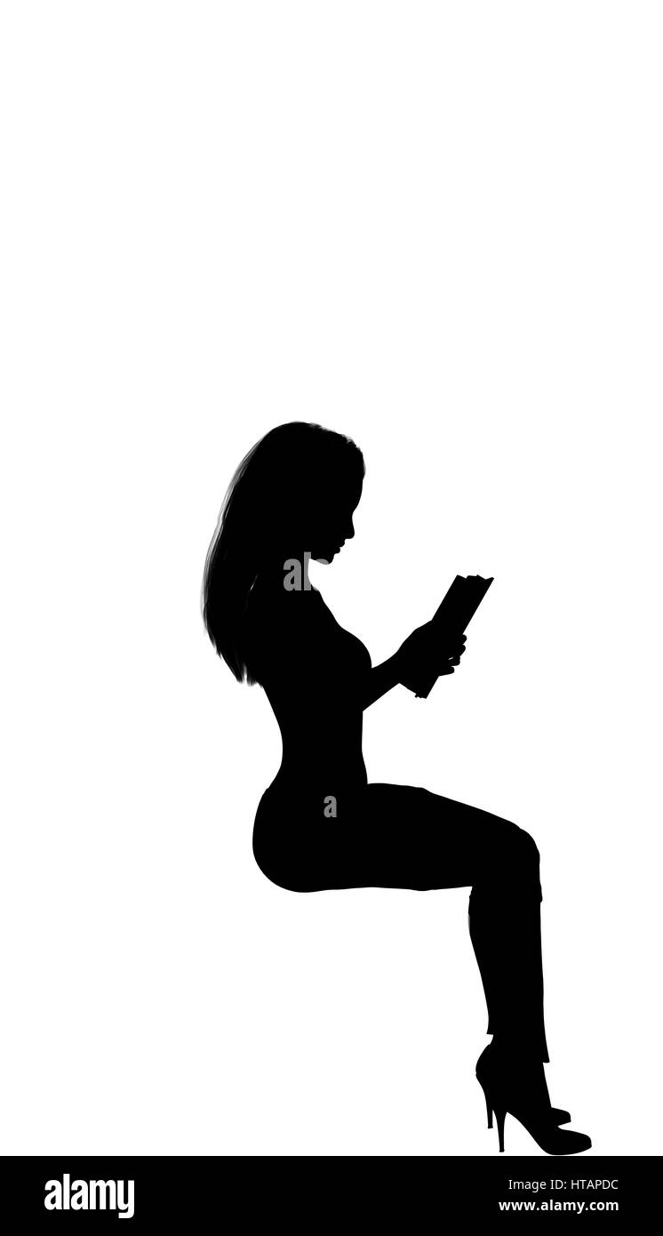Frauen an der hinteren Front suchen ihr Tablet Standortwahl. Lange Haare, passen, high-Heel. Stephanie Stockfoto