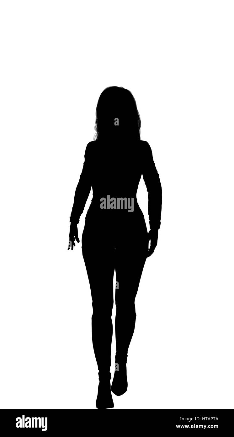 Frauen gehen, lange Haare, passen, high-Heel-Arme an der Seite der Haut klassische Jeans Hemd. Stephanie Stockfoto