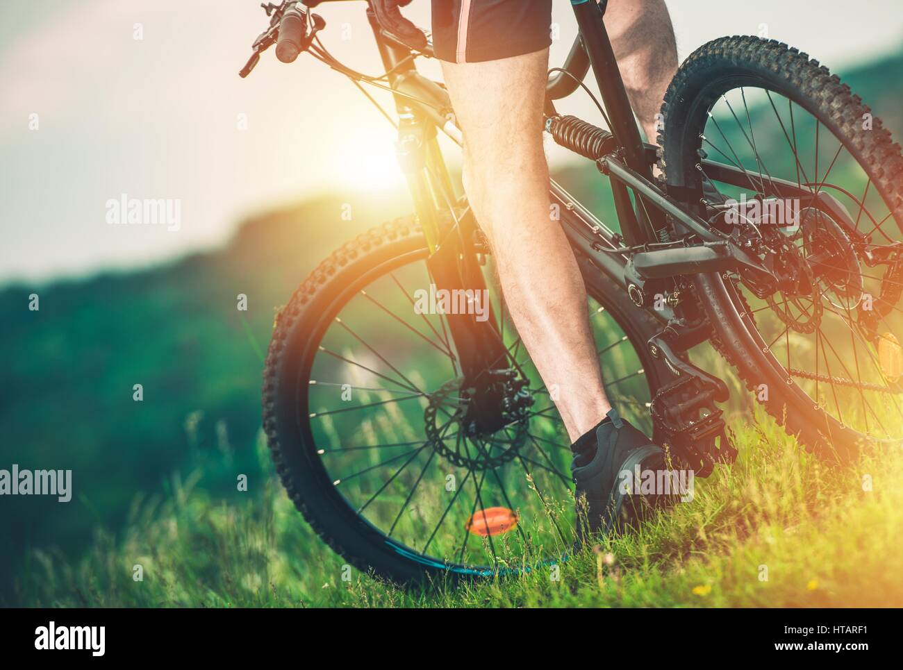 Naturlehrpfad, Radfahren. Kaukasische Biker auf seinem Mountain Bike Closeup Foto. Sommererholung. Stockfoto