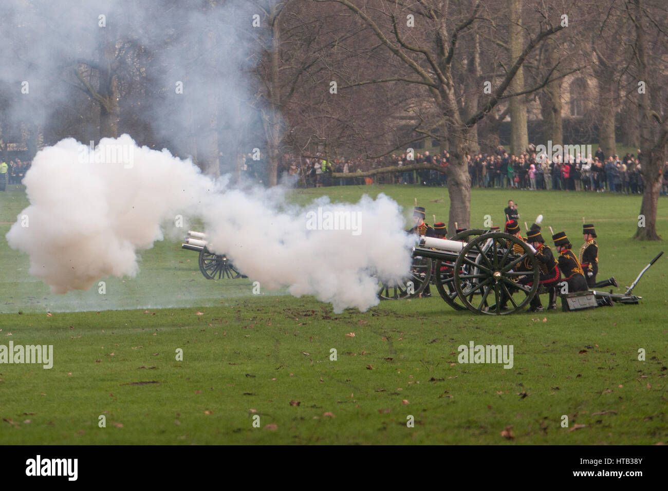 Regelmäßige und Reserve-Soldaten des Königs Troop Royal Horse Artillery markieren den 65. Jahrestag der Thronbesteigung ihrer Majestät der Königin.  Green Park, London, UK.  Mitwirkende: Atmosphäre, Ansicht, des Königs Troop Royal Horse Artillery wo: London, U Stockfoto