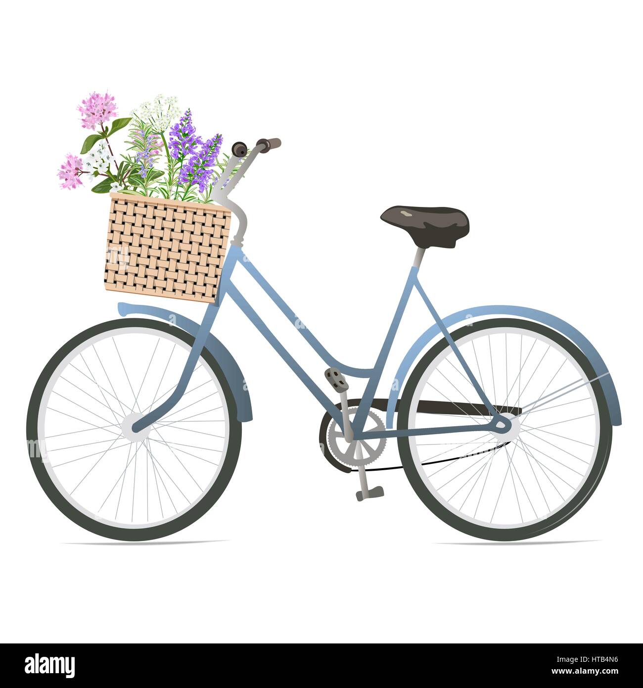 Fahrrad mit Blumen im Korb. Vektor-Illustration. Stock Vektor