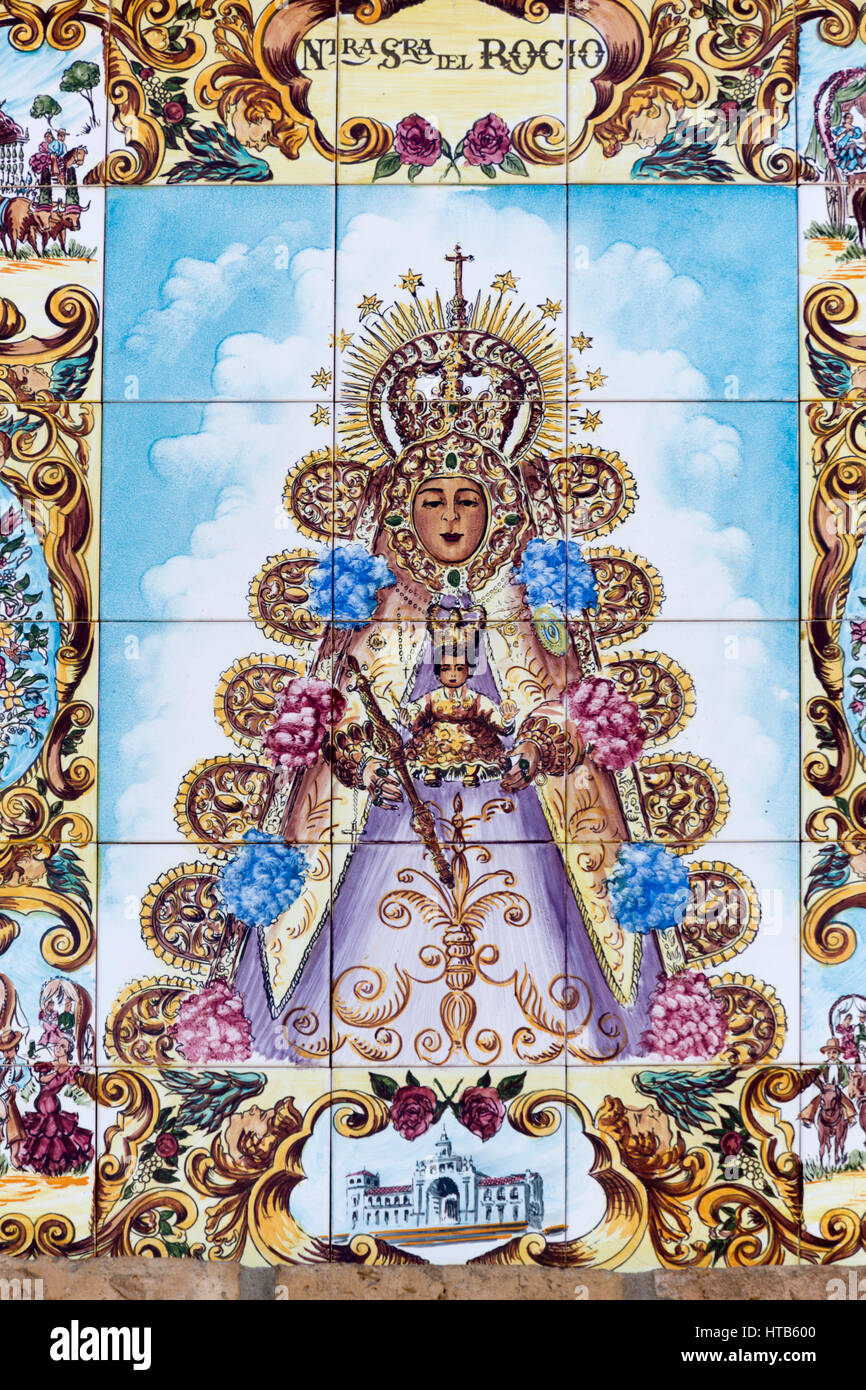 Religiöse Wandfliesen, El Rocio, Provinz Huelva, Andalusien, Spanien, Europa Stockfoto