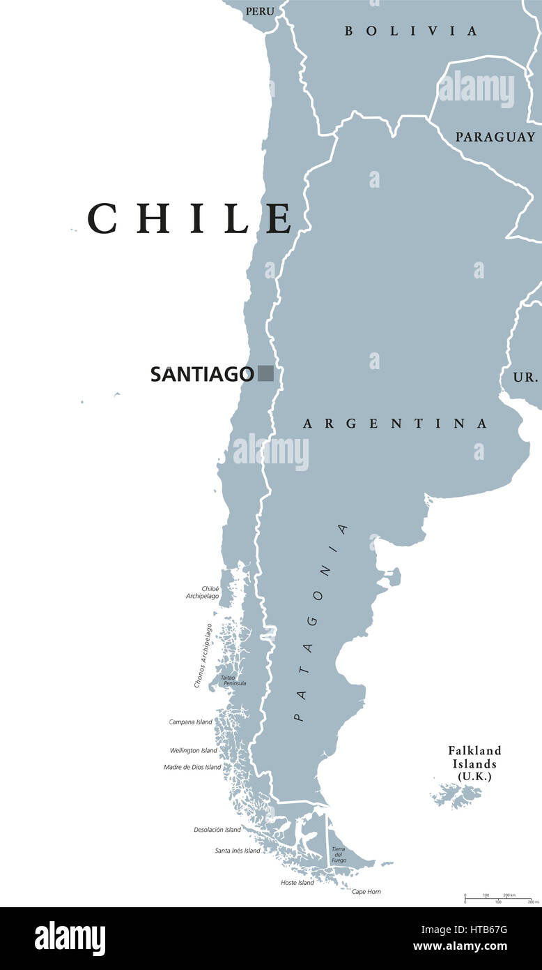 Chile politische Karte mit Hauptstadt Santiago, nationale Grenzen und Nachbarn. Republik und Land in Südamerika. Lange, schmale Streifen Land. Stockfoto