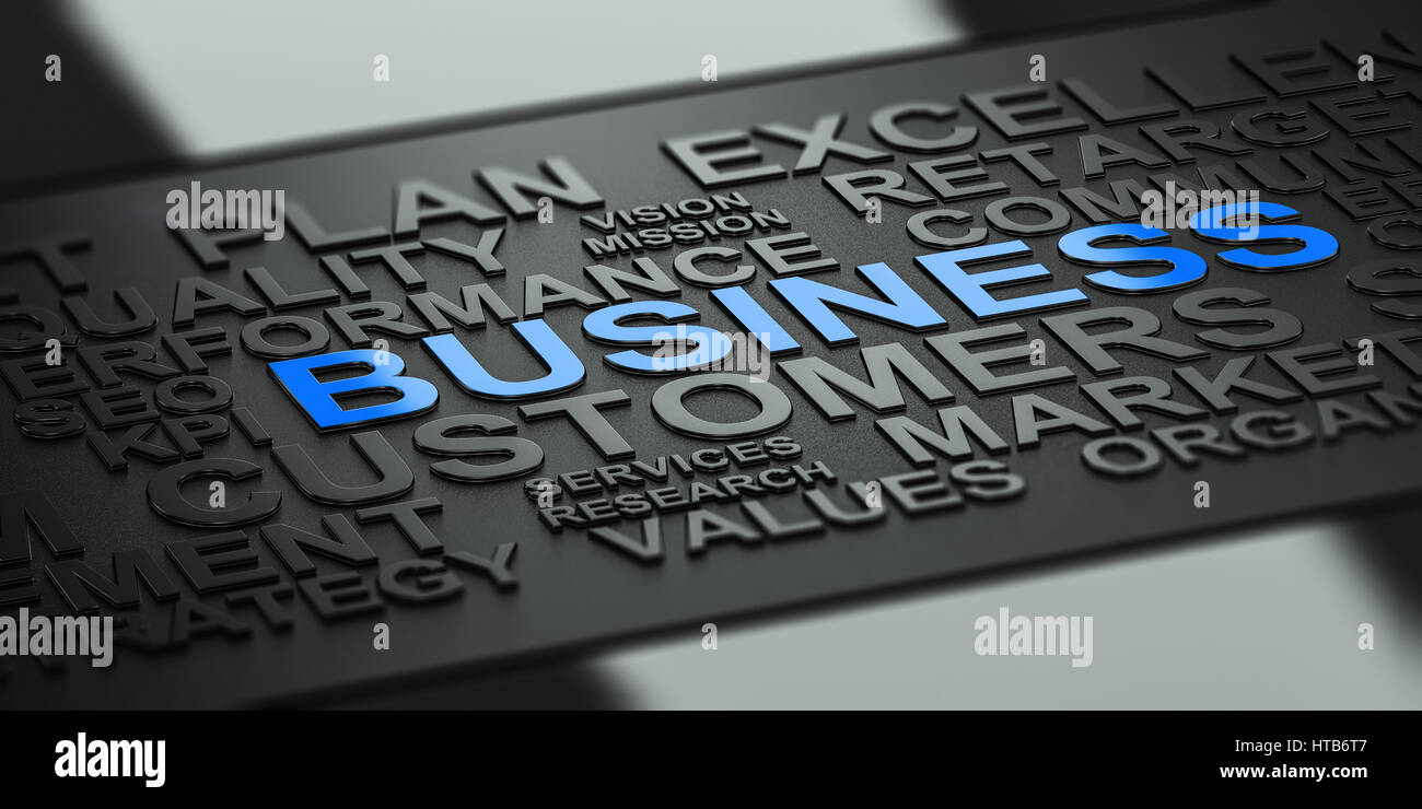 Viele Unternehmen Worte über Reflexion und Unschärfe-Effekt auf schwarzem Hintergrund konzentrieren sich auf das blaue Wort. 3D Illustration für Unternehmenskommunikation Stockfoto