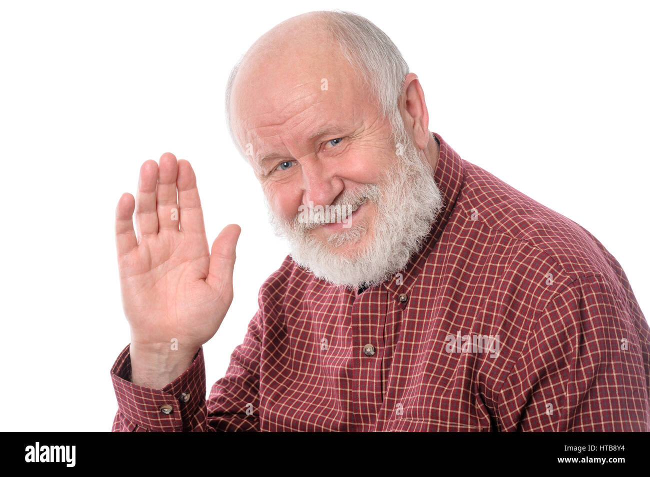 Hübscher Kahler und bärtiger senior Mann zeigt Welle Hallo Upgesture, isoliert auf weißem Hintergrund Stockfoto