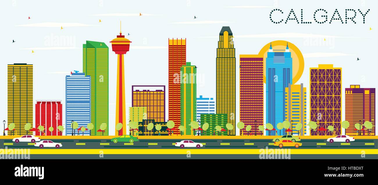 Calgary Skyline mit Farbe Gebäude und blauer Himmel. Vector Illustration. Business Travel und Tourismus Konzept mit moderner Architektur. Stock Vektor