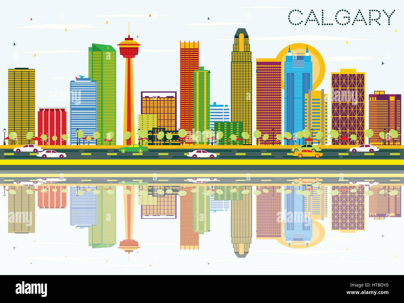 Calgary Skyline mit Farbe Gebäude, blauer Himmel und Reflexionen. Vector Illustration. Business Travel und Tourismus Konzept mit moderner Architektur. Stock Vektor