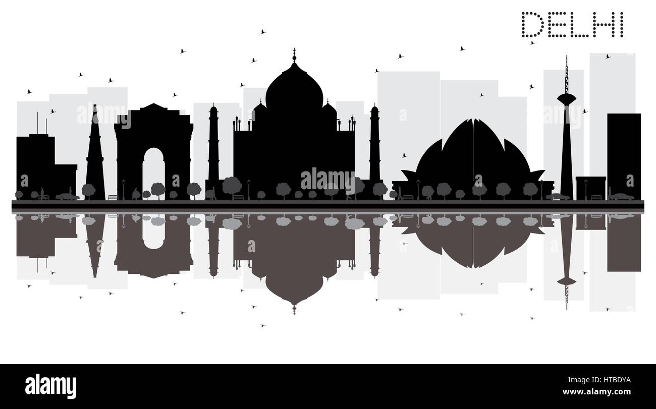 Delhi Skyline der Stadt schwarze und weiße Silhouette mit Reflexionen. Vector Illustration. einfache flache Konzept für Tourismus Präsentation, Banner Stock Vektor