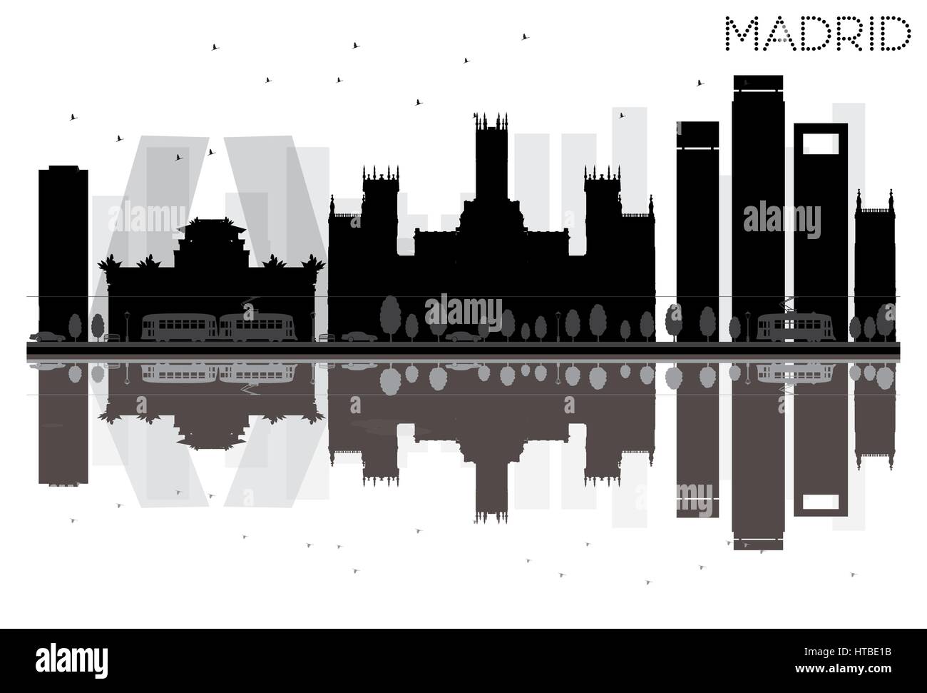 Madrid Skyline der Stadt schwarze und weiße Silhouette mit Reflexionen. Vector Illustration. einfache flache Konzept für Tourismus Präsentation, Banner Stock Vektor