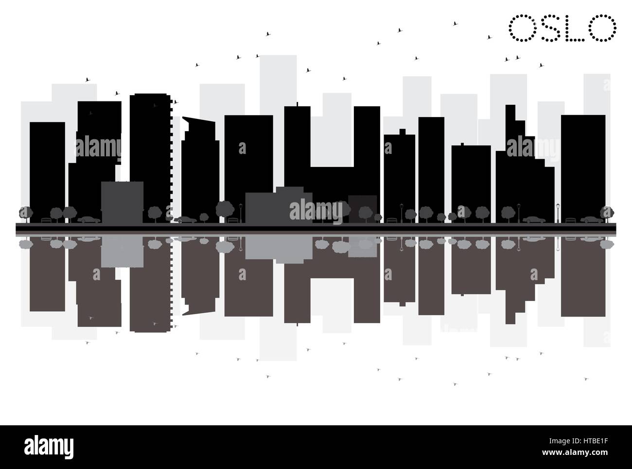 Oslo City Skyline schwarze und weiße Silhouette mit Reflexionen. Vector Illustration. einfache flache Konzept für Tourismus Präsentation, Banner Stock Vektor