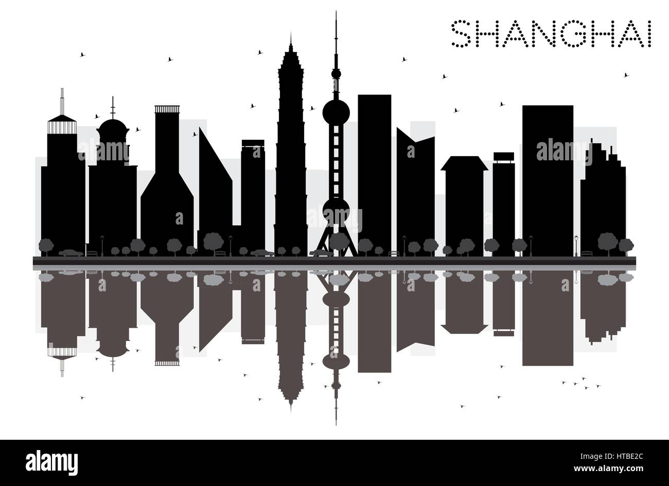 Shanghai City Skyline schwarze und weiße Silhouette mit Reflexionen. Vector Illustration. einfache flache Konzept für Tourismus Präsentation, Banner, Plakat Stock Vektor