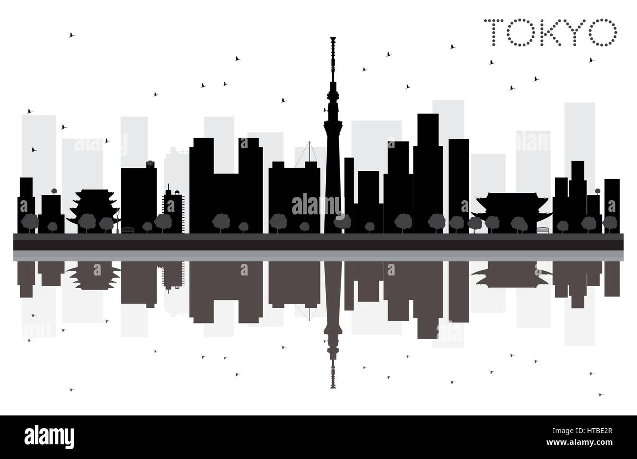 Tokio Skyline der Stadt schwarze und weiße Silhouette mit Reflexionen. Vector Illustration. Stock Vektor