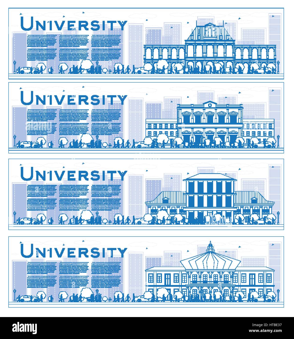 Gliederung der Universität studium Banner. Vector Illustration. die Kursteilnehmer auf das Hauptgebäude der Universität gehen. Banner mit kopieren. Stock Vektor