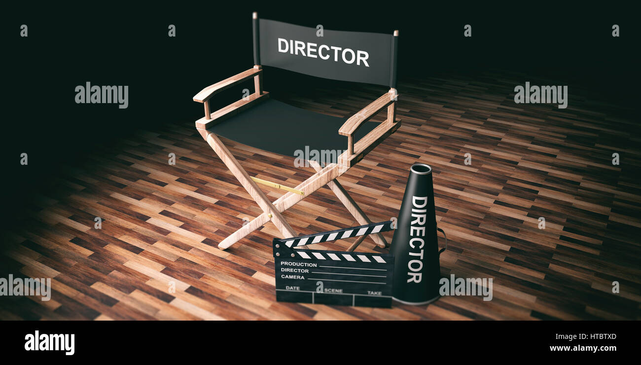 Direktor der Kinosessel und Klöppel auf hölzernen Hintergrund. 3D illustration Stockfoto