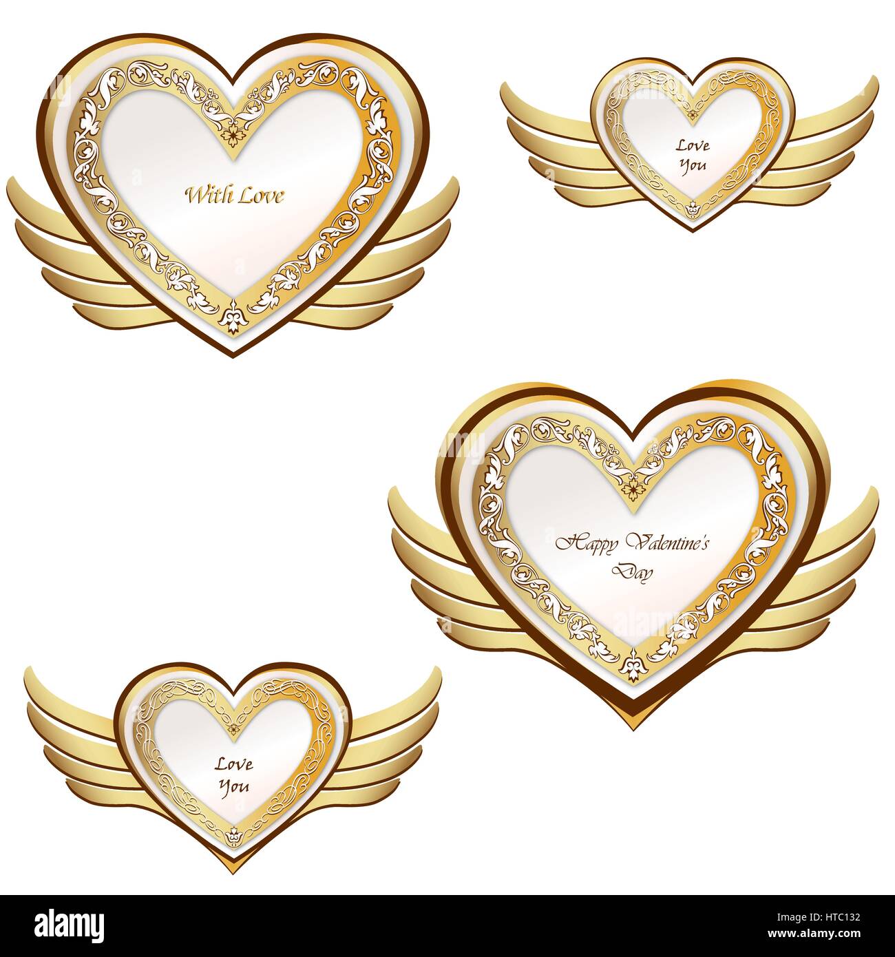 Goldene Flügel Herz. liebe Herzen Muster für Tag Valentinstag Ferienwohnung ornamentalen Dekor Element. Gut für Grußkarten-Design Stock Vektor