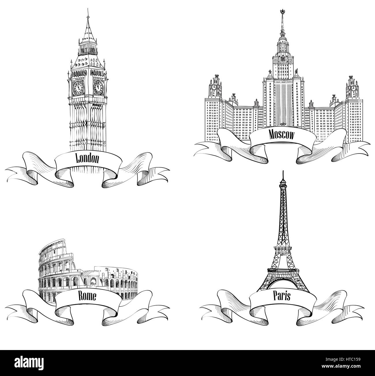 Europäische Städte Symbole Skizze: Paris (Eiffelturm), London (Big Ben, Westminster Abbey, London), Rome (Colosseum), Moskau (Moskauer Staatliche Lomonossov-Universität un Stock Vektor