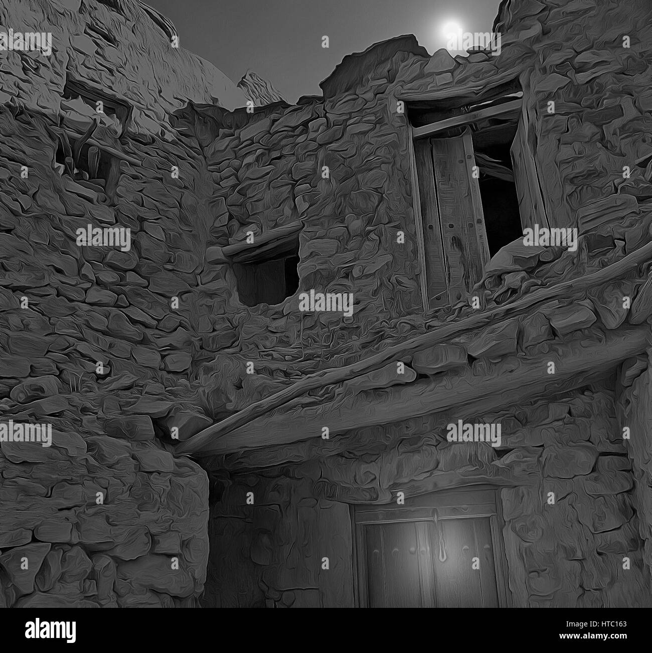 Bröckelnden irdenen Haus im Mondschein Stockfoto