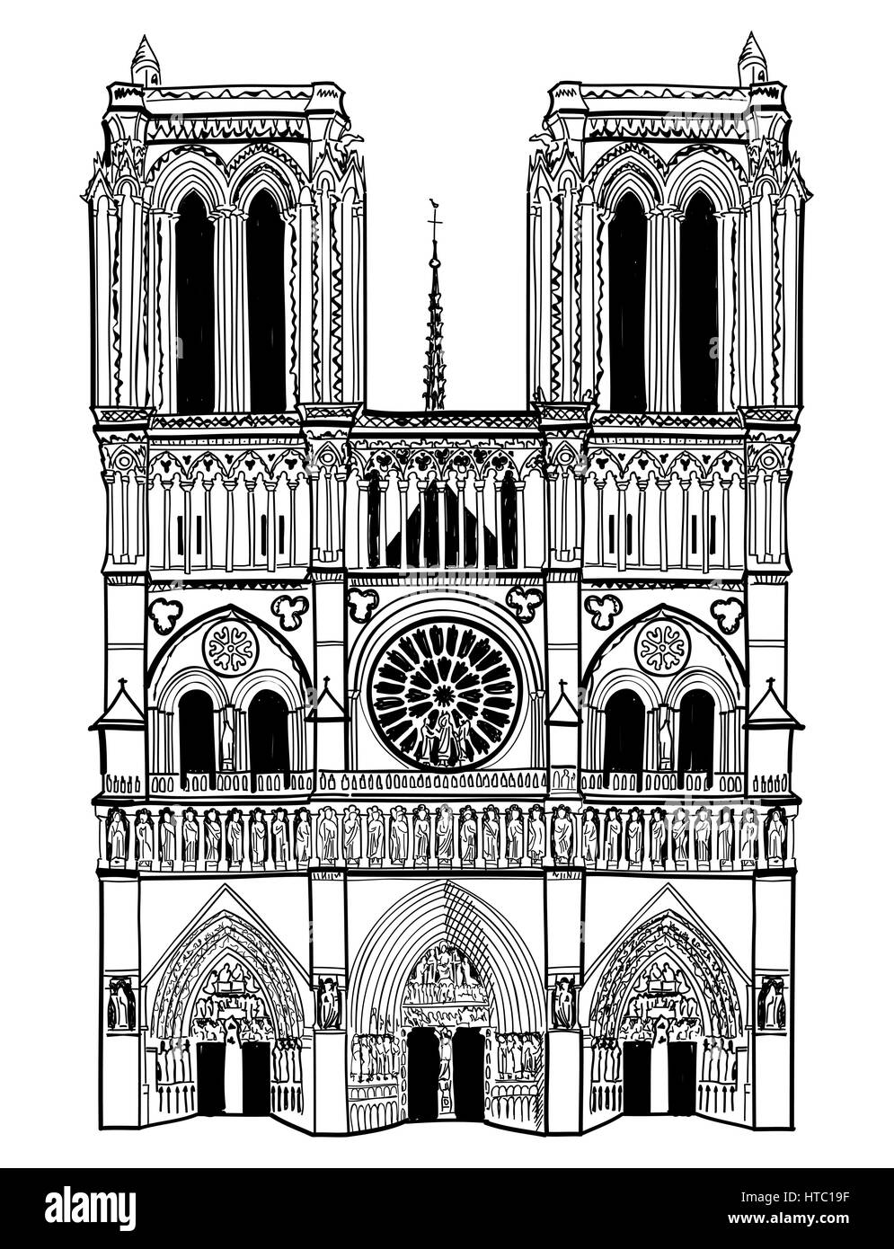 Die Kathedrale Notre Dame de Paris, Frankreich. handzeichnung Vector Illustration auf weißem Hintergrund. Stock Vektor