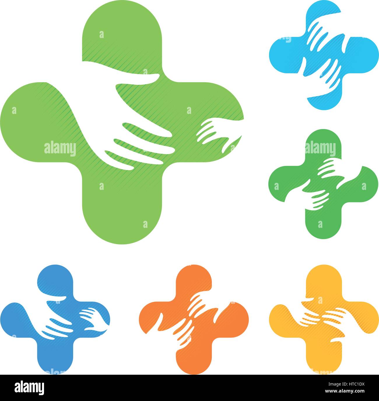 Isolierte abstrakt bunt Kreuz mit zwei Händen erreichen jedes andere Logo-Set, medizinische Element Logo Kollektion auf weißem Hintergrund Stock Vektor