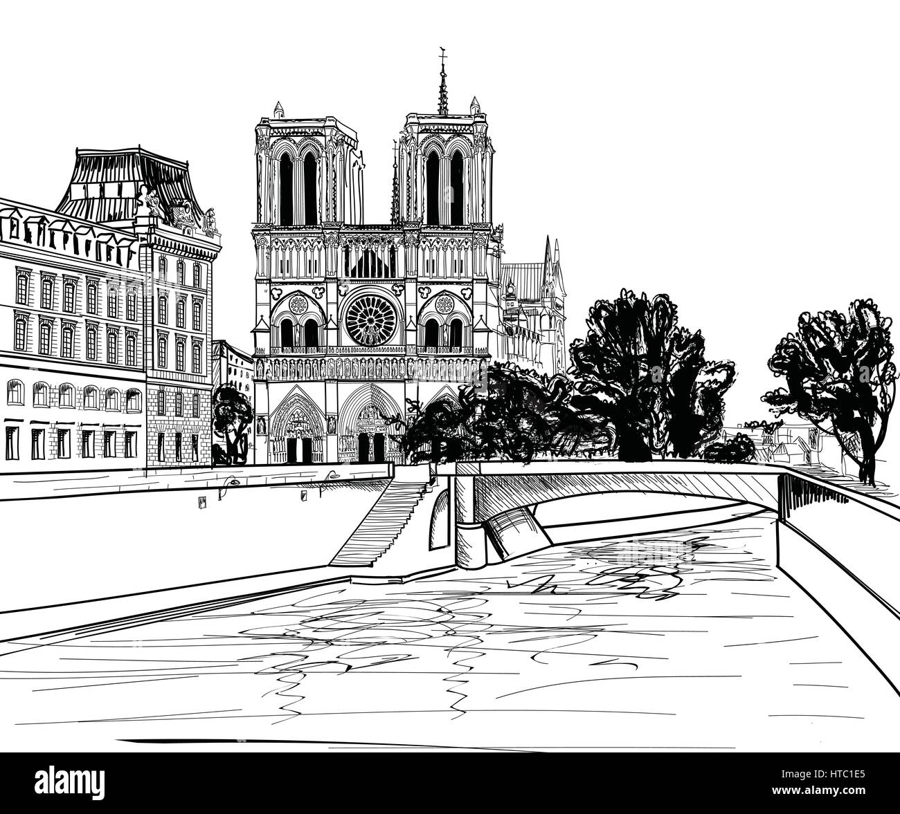 Die Kathedrale Notre Dame de Paris, Frankreich. handzeichnung Vector Illustration auf alten Papier Hintergrund isoliert. Stock Vektor