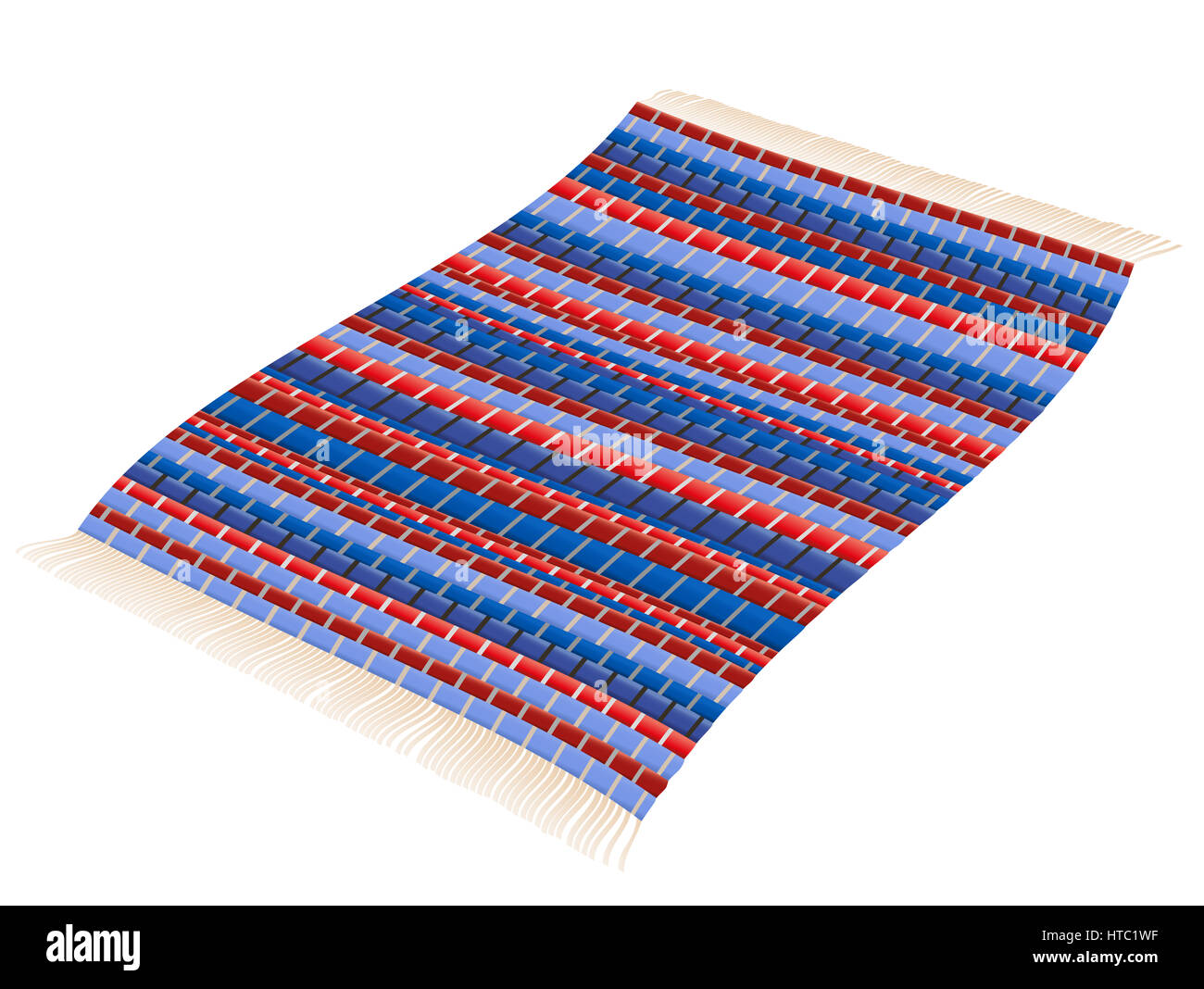 Flickenteppich - rot und blau gewebt Weinlese-Patchwork Matte fliegen wie ein fliegender Teppich. Isolierte Darstellung auf weißem Hintergrund. Stockfoto