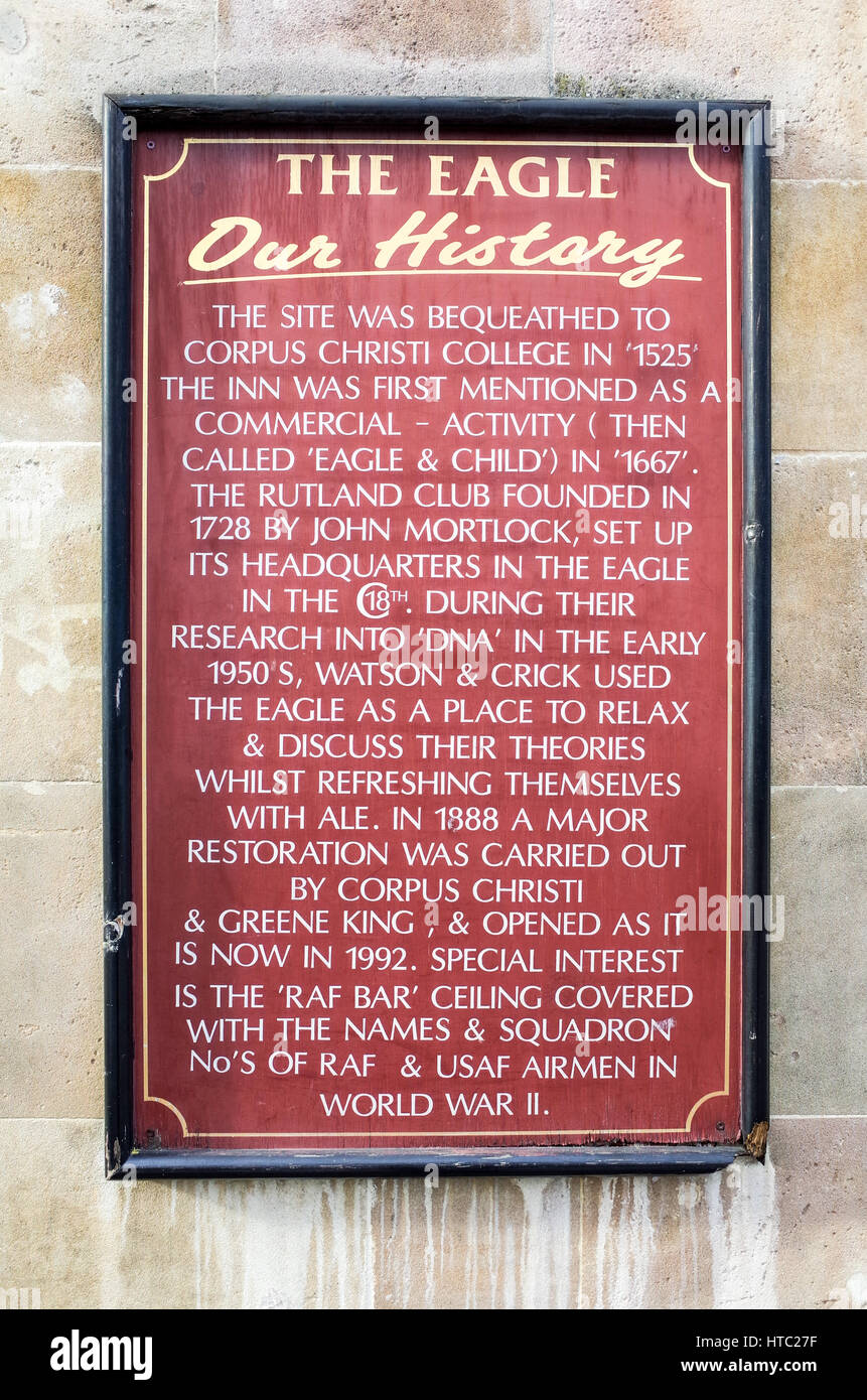 Der Eagle Pub Cambridge. Eröffnet 1667. 1953 Crick und Watson kündigte in der Kneipe, sie würden "das Geheimnis des Lebens entdeckt' mit der DNA-Struktur Stockfoto