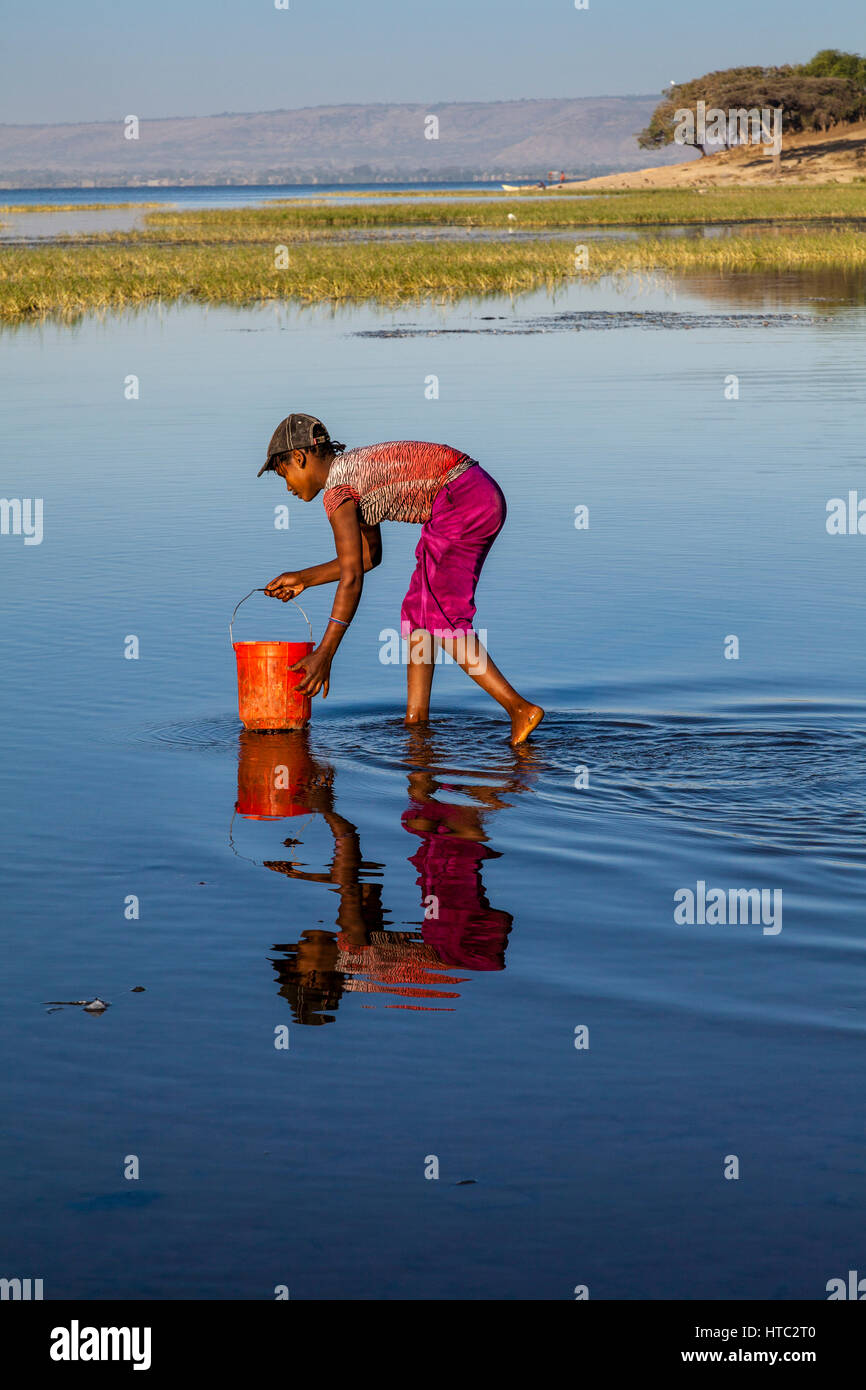 Ein junges Mädchen sammelt Wasser aus dem See In einen Eimer, See Awassa, Äthiopien Stockfoto