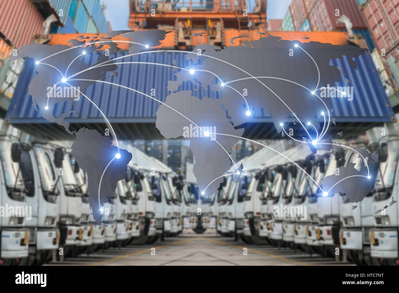 Globale Logistik Partnerschaft Verbindung von Containerladung Frachtschiff für Logistik Import/Export Hintergrund Karte Stockfoto