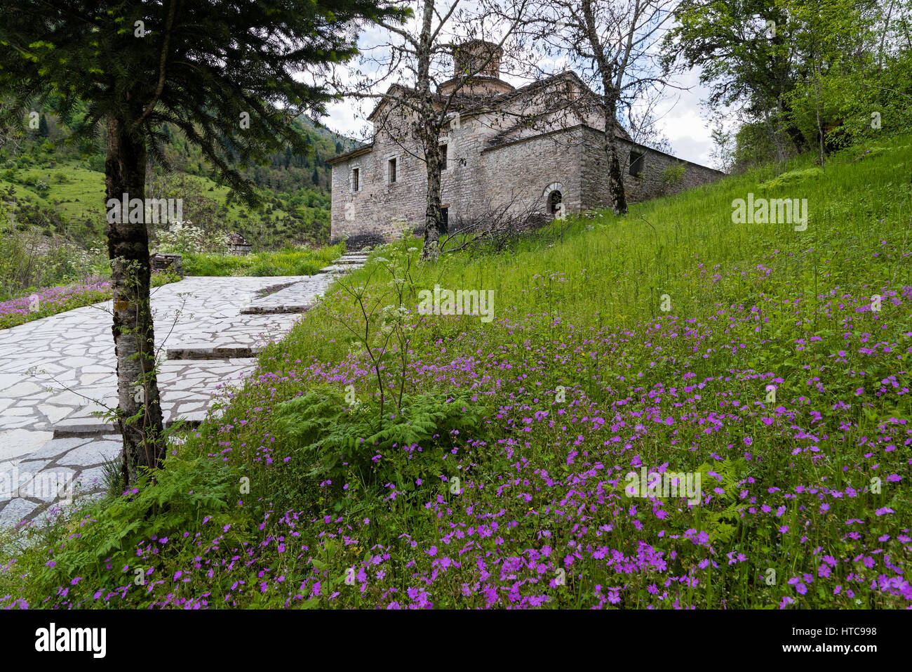 Frühlingshafte Landschaft mit Raditional Stein Kirche in Thessalien, Griechenland Stockfoto