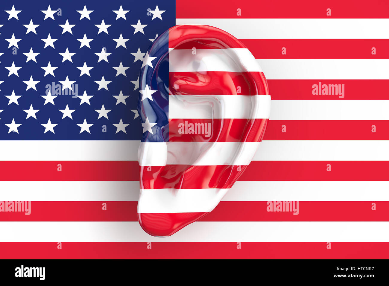 Amerikanische Intelligenz Konzept, Ohr auf die USA-Flagge. 3D-Rendering Stockfoto