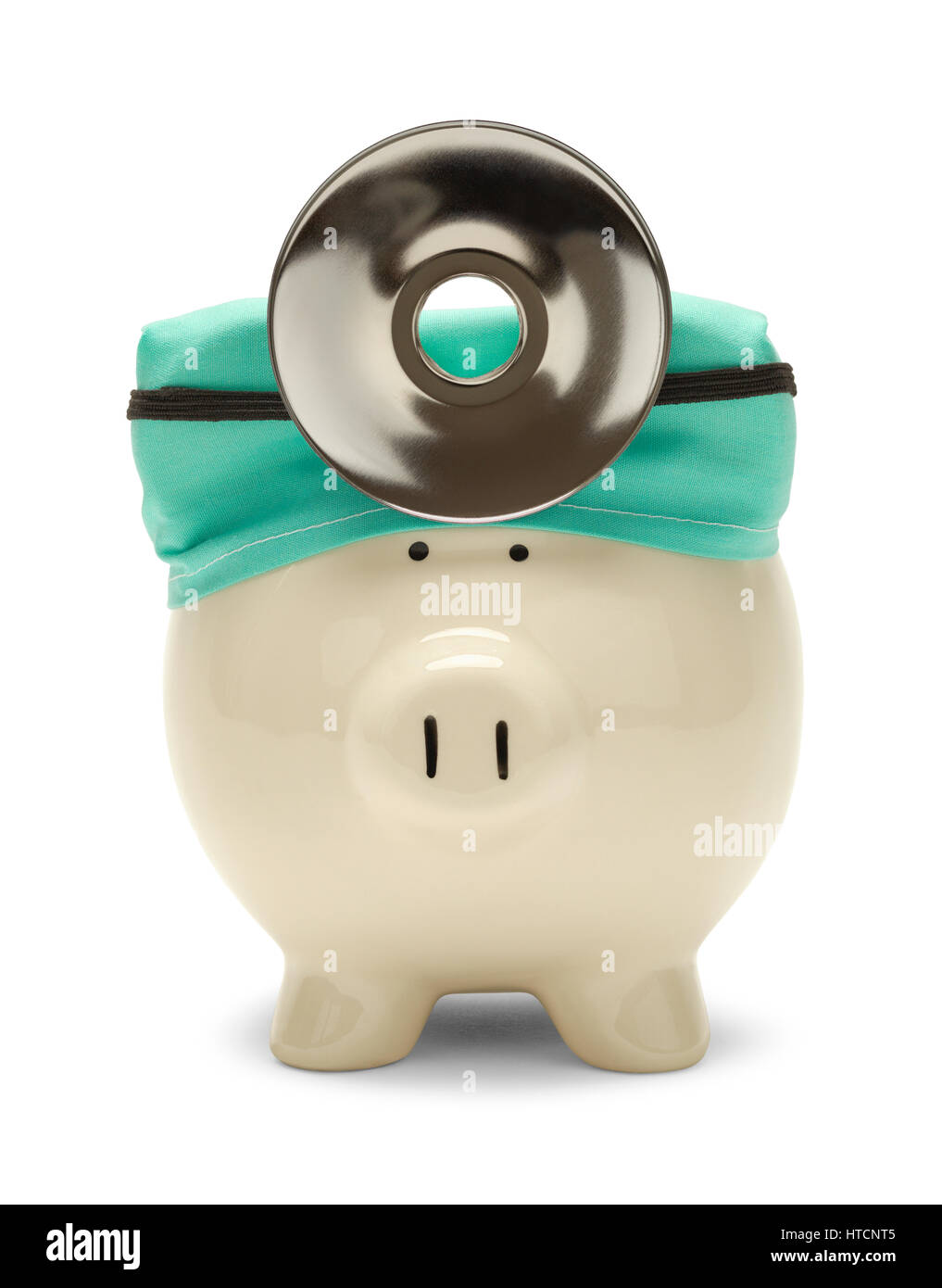 Piggy Bank Arzt mit Hut und Reflektor, Isolated on White. Stockfoto
