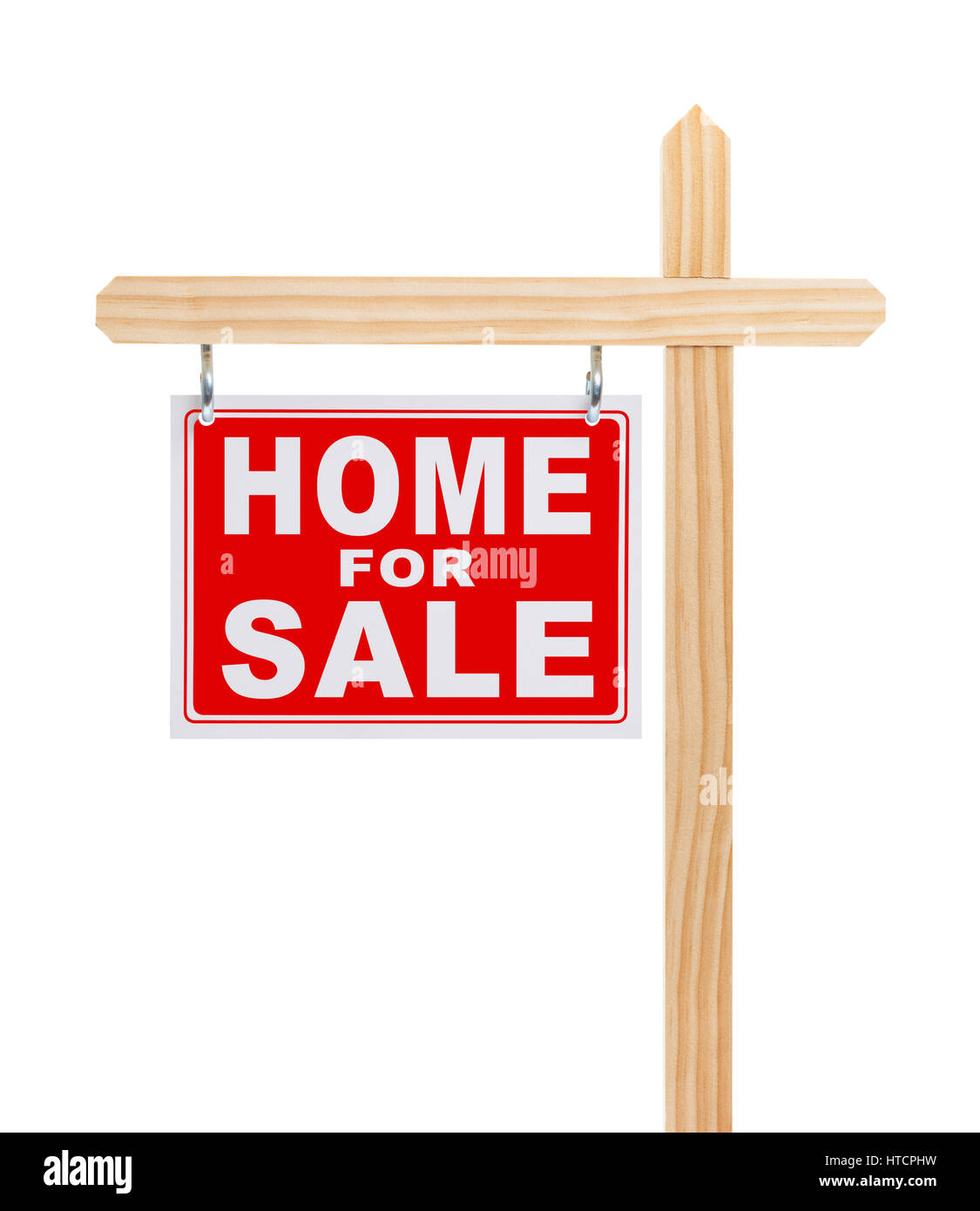 Rote und weiße Hause für Verkauf Sign On post isoliert auf weißem Hintergrund. Stockfoto
