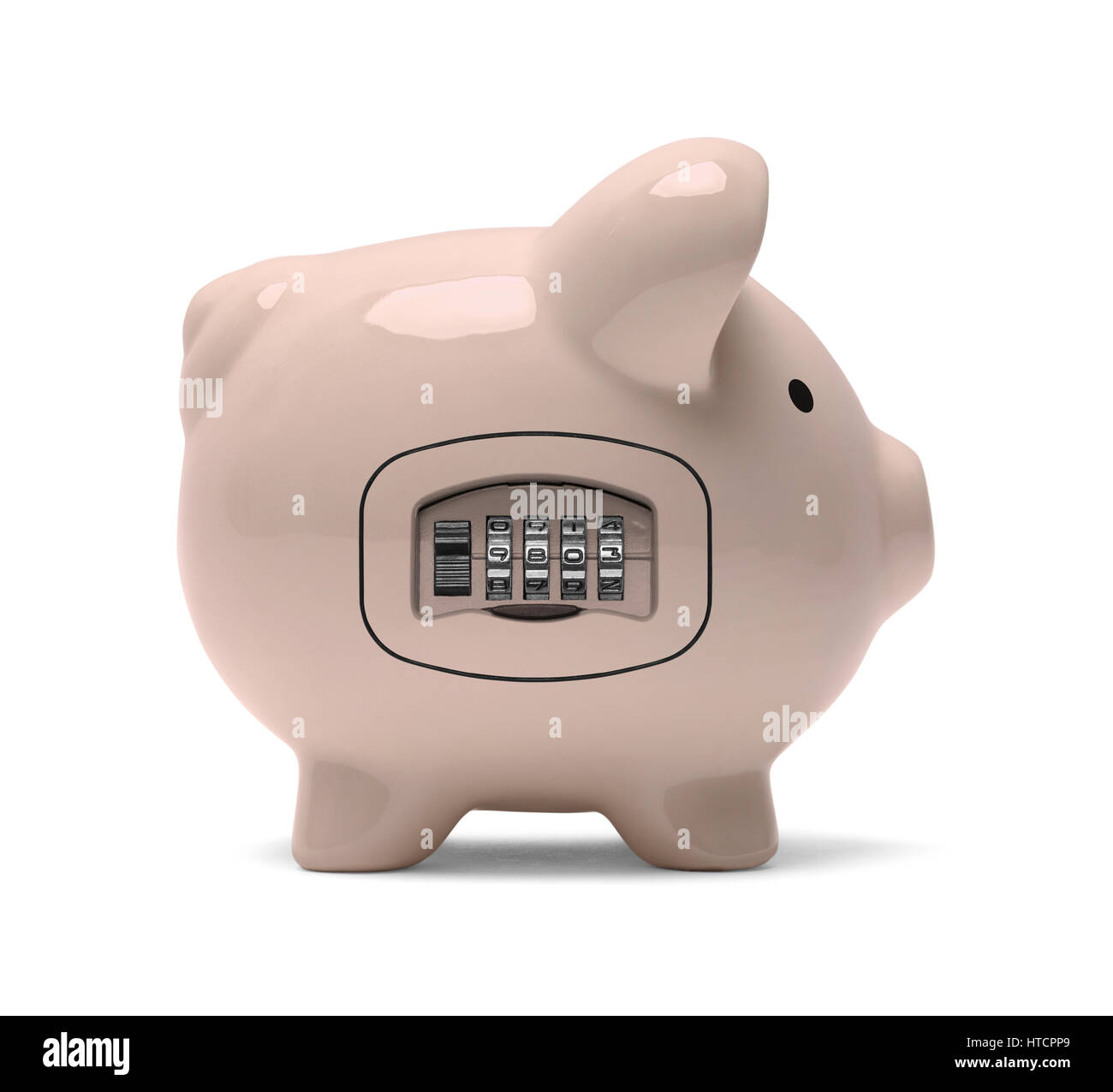 Sparschwein mit einem Zifferblatt-Zahlenschloss, Isolated on White. Stockfoto