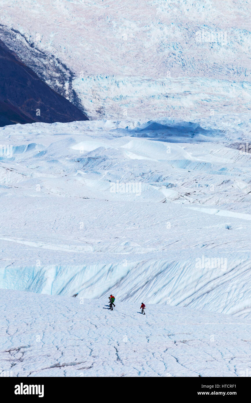 Menschen Überqueren Root Glacier In Wrangell-St. Elias National Park, Um An Geführten Eisklettern Mit Dem Treppeneisbruch Teilzunehmen, Ist Im Hintergrund,... Stockfoto