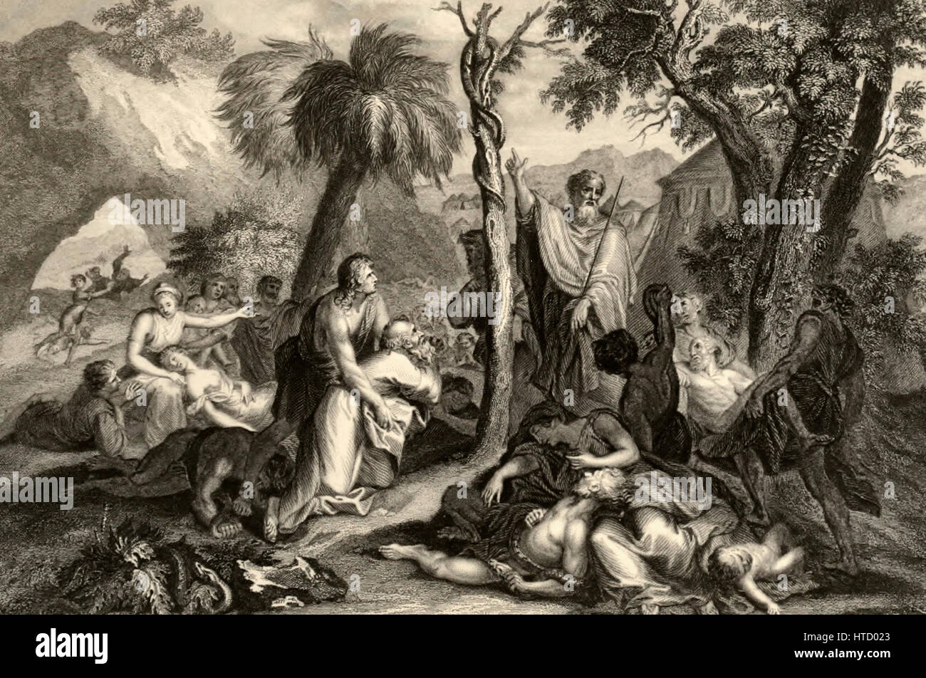 Moses machte eine Schlange aus Messing und legen Sie es auf einem Mast Stockfoto