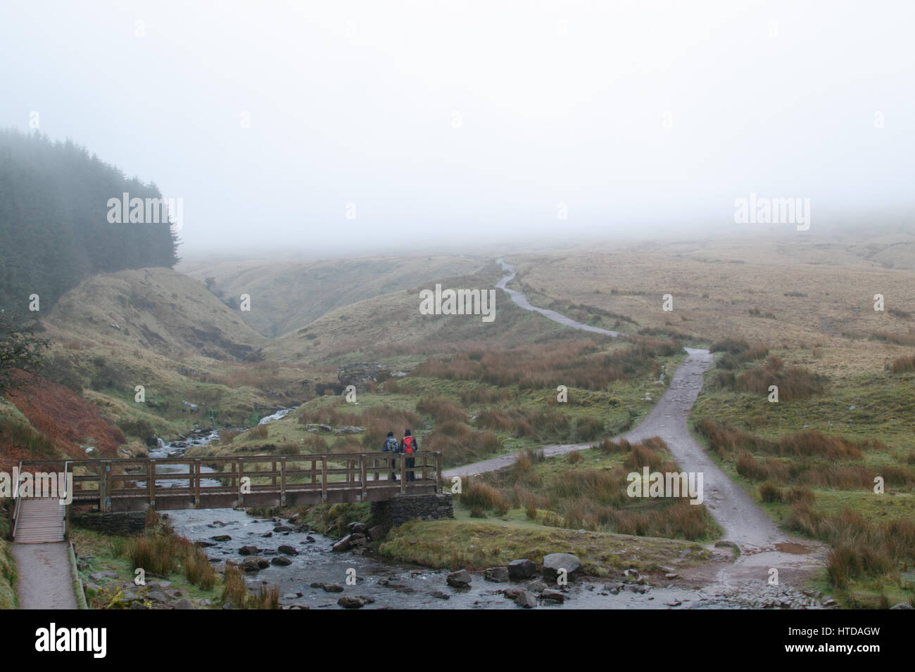 Pont Ar Daf, Brecon Beacons, Powys, Süden, UK. 10. März 2017. UK-Wetter: schwere Nebel heute als Wanderer beginnt den Aufstieg zum Pen Y Fan. Bildnachweis: Andrew Bartlett/Alamy Live-Nachrichten Stockfoto