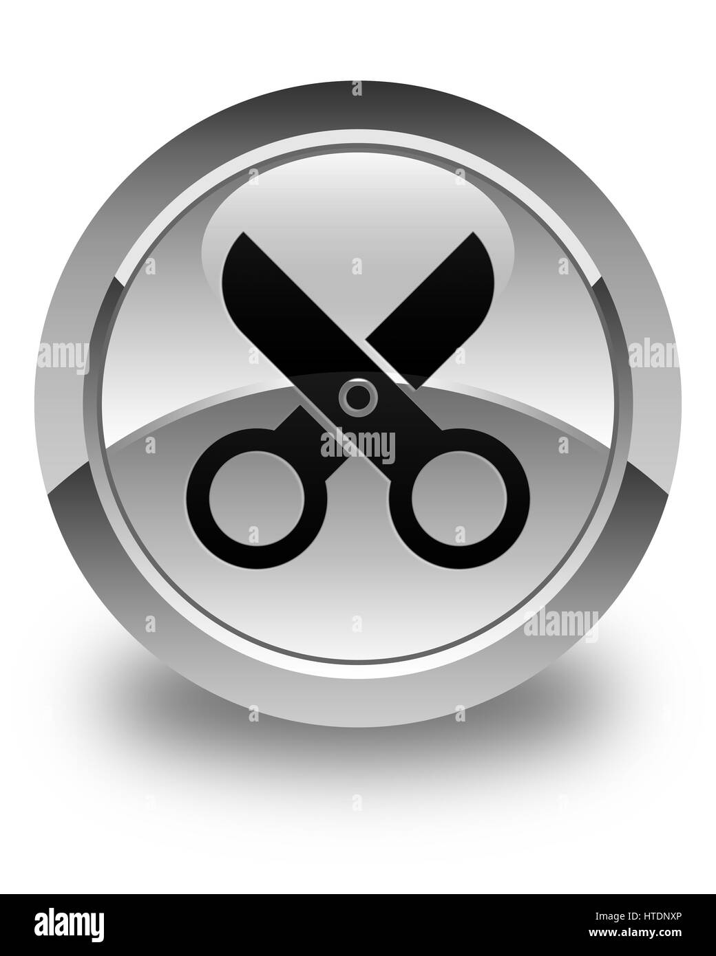 Scheren-Symbol isoliert auf abstrakte Darstellung glänzend weißen runden Knopf Stockfoto