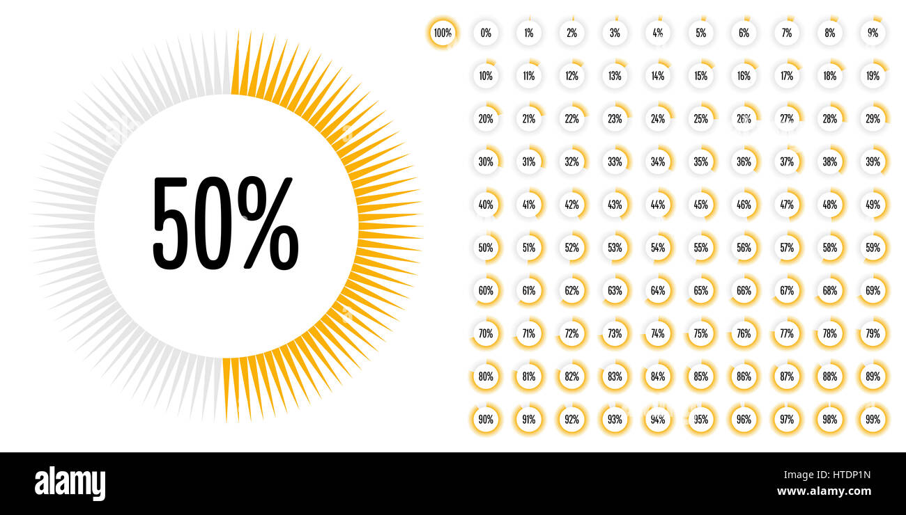 Kreis Prozentsatz Zeichnungssatz von 0 bis 100 für Web-Design, User-Interface (UI) oder Infografik - Indikator mit gelb Stockfoto