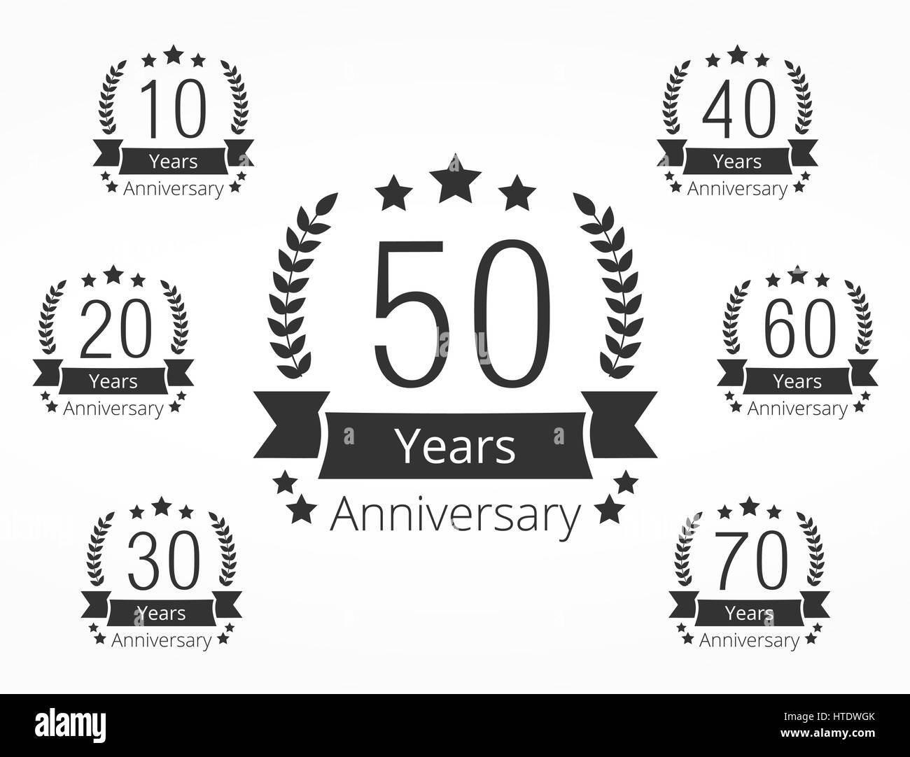 Satz von 7 Jubiläum Embleme, 10, 20, 30, 40, 50, 60 und 70 Jahren Stockfoto