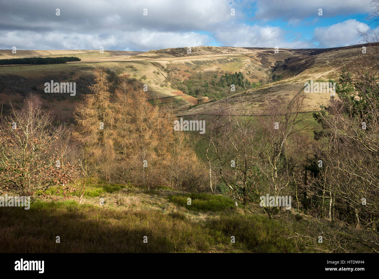 Schöne Aussicht vom Shire Hill in der Nähe von Glossop. Zeitigen Frühjahr Landschaft am Rande der Pennines im Norden Englands. Stockfoto