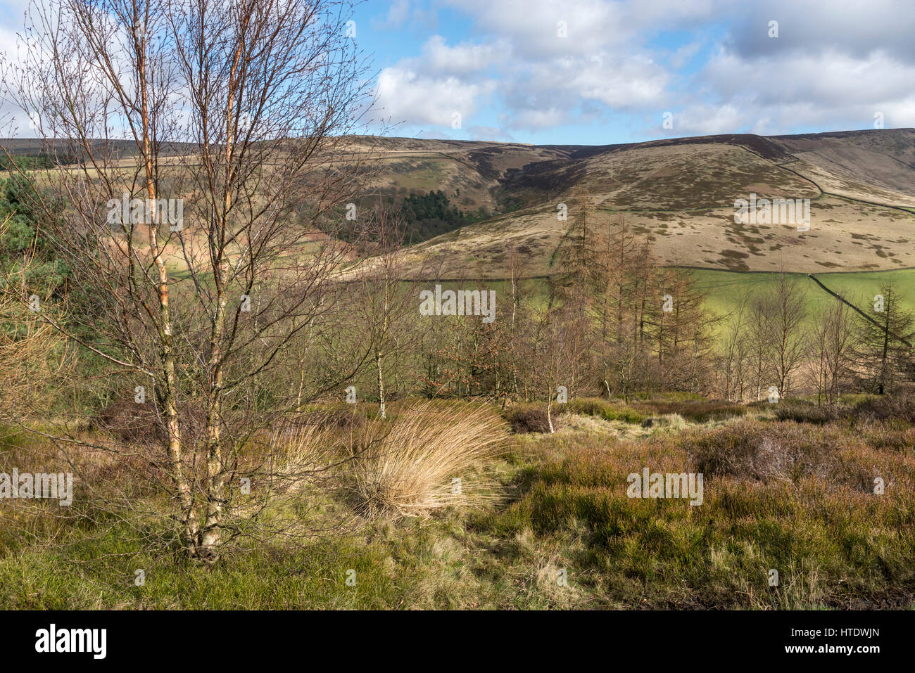 Schöne Aussicht vom Shire Hill in der Nähe von Glossop. Zeitigen Frühjahr Landschaft am Rande der Pennines im Norden Englands. Stockfoto