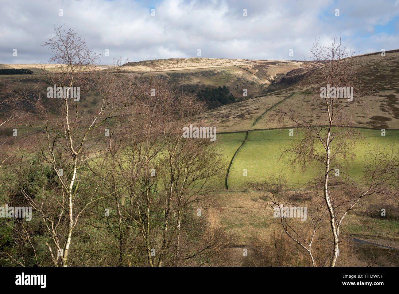 Aussicht auf Hügel in der Nähe von Glossop in Derbyshire, England. Auf der Suche nach gegenüber Shire Hügel in Richtung Gelbe Hosen. Stockfoto