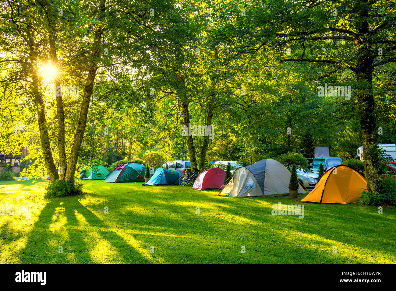 Zelten Camping Bereich, am frühen Morgen mit Sonnenschein, schönen Naturplatz mit großen Bäumen und grünen Rasen, Europa Stockfoto