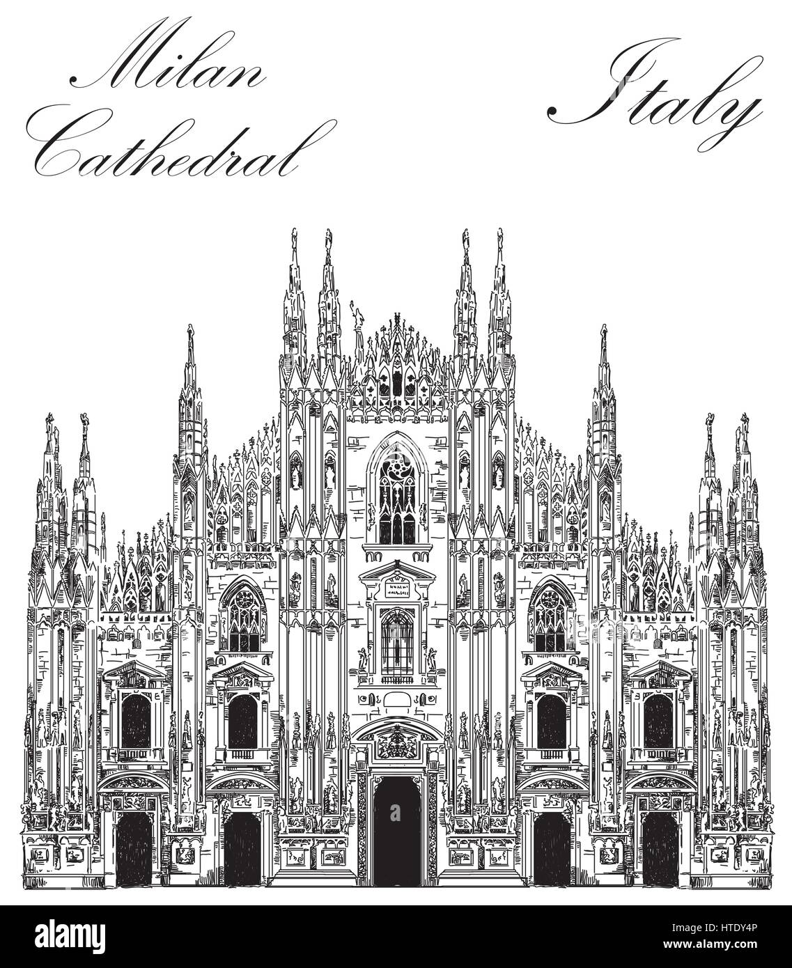 Am berühmten Mailänder Dom in schwarzer Farbe auf Piazza in Mailand, Italien. Grafische Hand Zeichnung Illustration. Vektor isoliert auf einem weißen Hintergrund. Stock Vektor