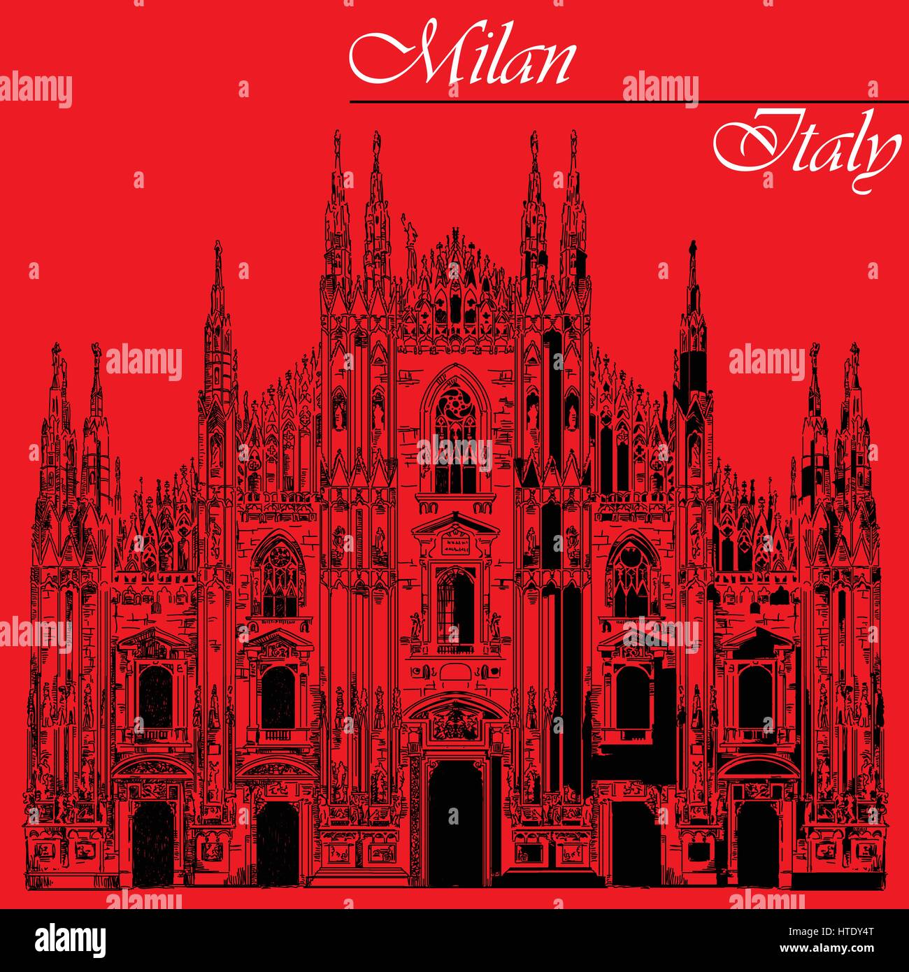 Am berühmten Mailänder Dom in schwarzer Farbe auf Piazza in Mailand, Italien. Grafische Hand Zeichnung Illustration. Vektor isoliert auf einem roten Hintergrund. Stock Vektor